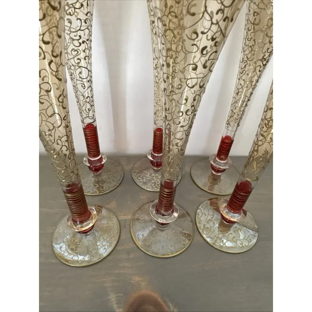 Pier 1 Rioja Hand Blown Champagne Flutes Ruby Red Stem Gold Scroll Set Of 6 Rare